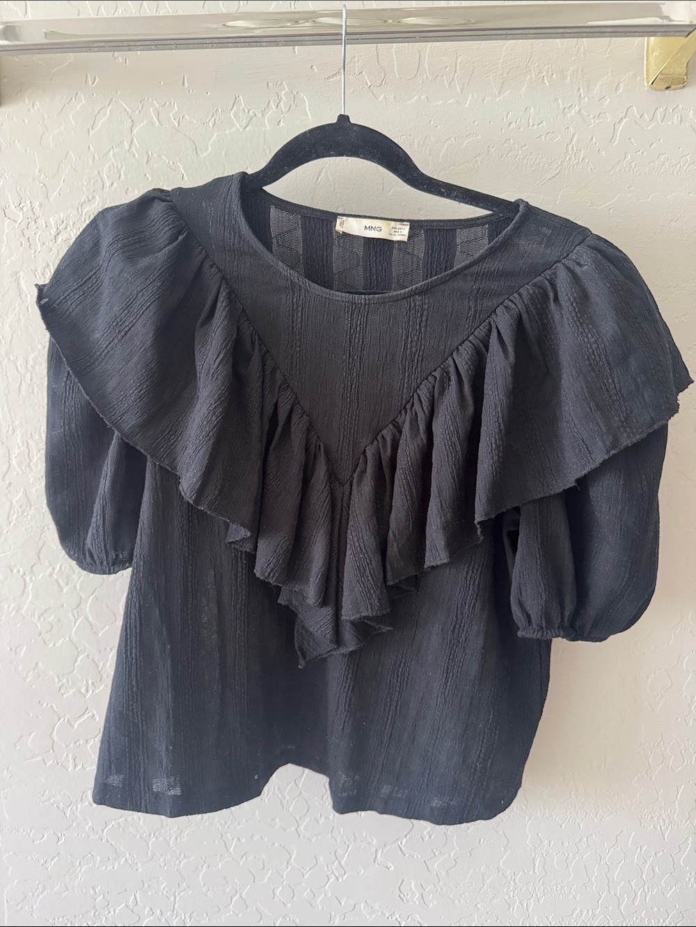 Mango Black Ruffle V-Yoke Puff Sleeve Blouse